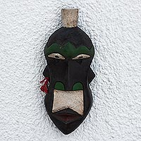African wood mask, 'Mustachioed Warrior' - Hand Carved Sese Wood White Mustache Warrior Mask from Ghana