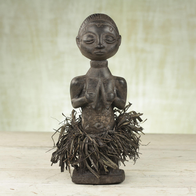 Wood sculpture, 'Baule Woman' - Sese Wood and Raffia Sculpture of a Woman from Ghana