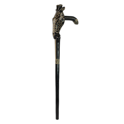 Wood walking stick, 'Noble Giraffe' - Hand Carved Decorative Sese Wood Giraffe Walking Stick