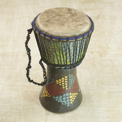 Wood djembe drum, 'Pebble Triangles' - Handcrafted colourful Sese Wood Djembe Drum from Ghana