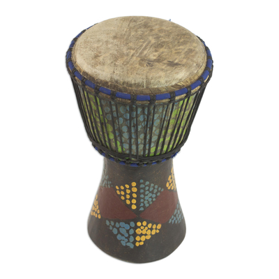 Wood djembe drum, 'Pebble Triangles' - Handcrafted colourful Sese Wood Djembe Drum from Ghana