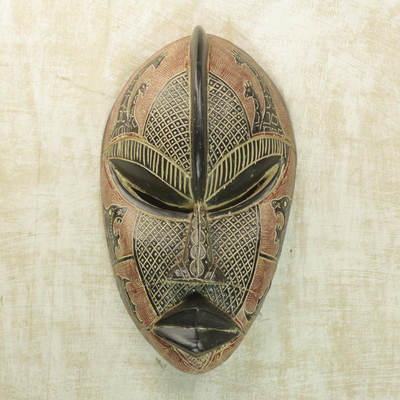 African wood mask, 'Adetokunbo' - Red and Black Hand Carved Rubberwood Mask with Animals