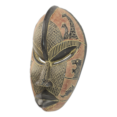 Máscara de madera africana - Máscara de madera de caucho tallada a mano en rojo y negro con animales
