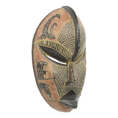 Máscara de madera africana - Máscara de madera de caucho tallada a mano en rojo y negro con animales