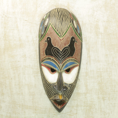 African wood mask, 'Adunola' - Hand Carved Red and Black Sese Wood Adunola Birds Mask