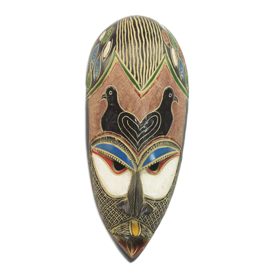 African wood mask, 'Adunola' - Hand Carved Red and Black Sese Wood Adunola Birds Mask