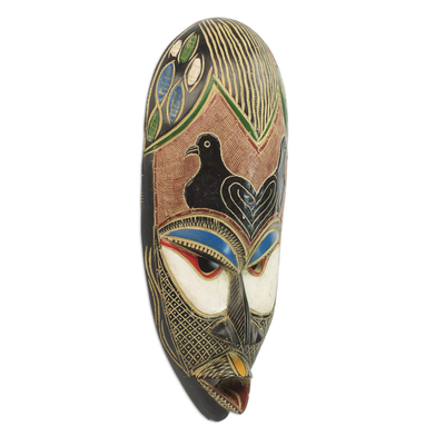 Máscara de madera africana, 'Adunola' - Máscara de pájaros Adunola de madera de Sese roja y negra tallada a mano