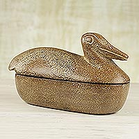 Wood and aluminum decorative box, 'Weathered Duck' - Sese Wood and Aluminum Duck Decorative Box from Ghana