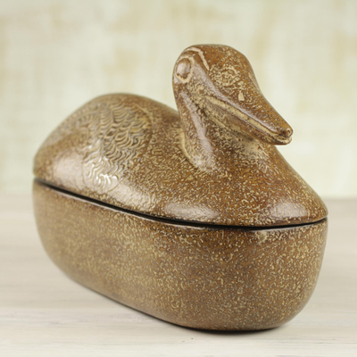 Wood and aluminum decorative box, 'Weathered Duck' - Sese Wood and Aluminum Duck Decorative Box from Ghana