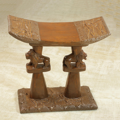 Decorative wood throne stool, 'Lion King' - Handcrafted Decorative Wood Lion Throne Stool from Ghana
