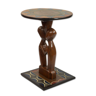 Cedar wood accent table, 'Household Lovers' - Handcrafted Love-Themed Cedarwood Accent Table from Ghana