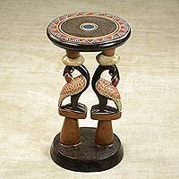 Wood accent table, 'Sankofa Duo' - Hand-Carved Cedarwood Adinkra Accent Table from Ghana