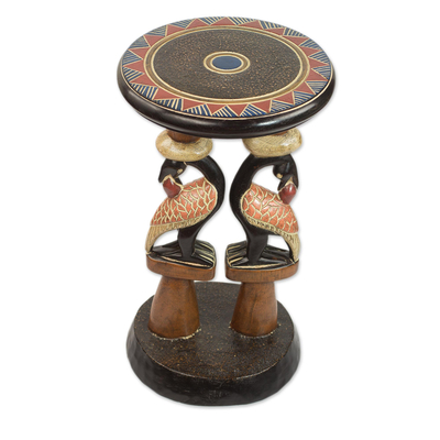 Wood accent table, 'Sankofa Duo' - Hand-Carved Cedarwood Adinkra Accent Table from Ghana