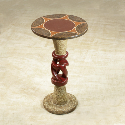 Cedar wood accent table, 'Three Dancers' - Cedar Wood Accent Table in Red and Beige from Ghana