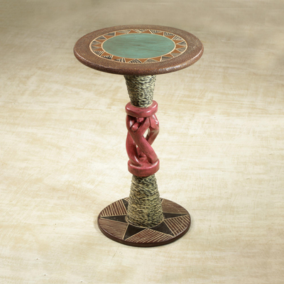 Cedar wood accent table, 'Dancing Trio' - Cedar Wood Accent Table in Pink and Beige from Ghana
