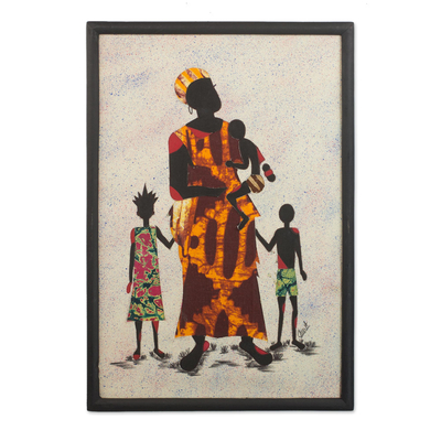Cotton batik wall art, 'Mother Africa II' - Cultural Batik Wall Art of a Mother and Children from Ghana