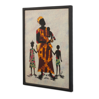 Cotton batik wall art, 'Mother Africa II' - Cultural Batik Wall Art of a Mother and Children from Ghana