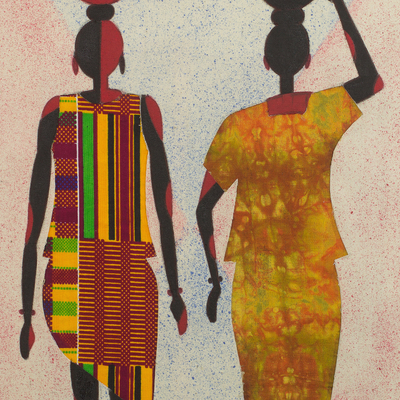 Cotton batik wall art, 'Water Carriers II' - Handcrafted Batik Wall Art of African Women from Ghana