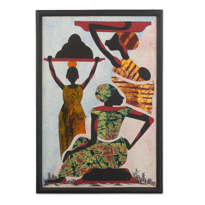Cotton batik wall art, 'Porters' - Handcrafted Batik Painting of African People from Guatemala