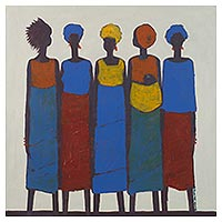 'Estilo africano' - Retrato acrílico estilizado de cinco mujeres africanas modernas