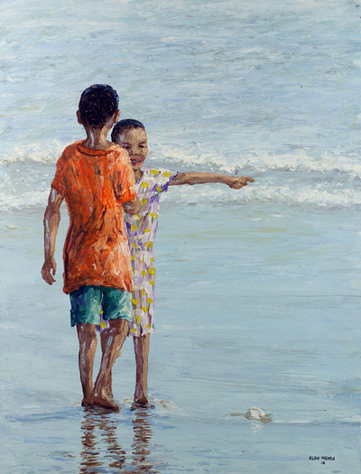 'Fun at the Fishing Bay III' - Ghanaian Original Impressionist of Boys at the Beach