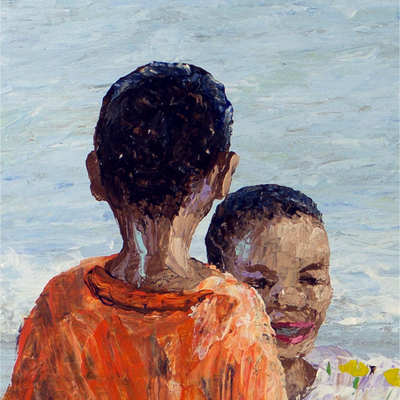 'Fun at the Fishing Bay III' - Ghanaian Original Impressionist of Boys at the Beach