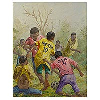 'Key Player I' - Ghanaian Original Painting of Children Playing Soccer
