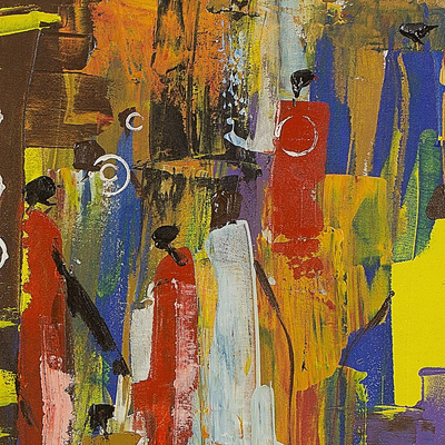 'Busy Day' - Signed Abstract Market Scene Painting from Ghana