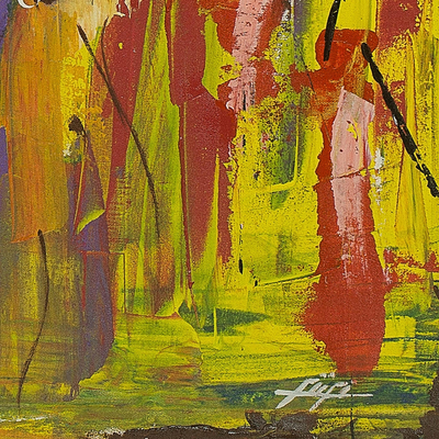 'Busy Day' - Signed Abstract Market Scene Painting from Ghana