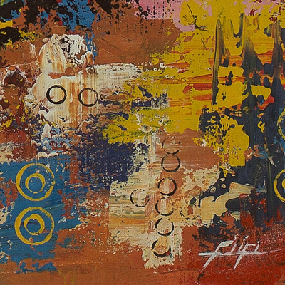 'Pots' - Signed Multicolored Abstract Painting from Ghana