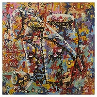 'Traditional Message' - Signed Colorful Freestyle Painting of Drums from Ghana