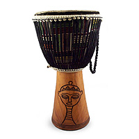 Wood djembe drum, 'Gye Nyame and Egyptian Woman' - Wood djembe drum