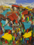 Marktplatz - Signierte mehrfarbige abstrakte Malerei aus Ghana