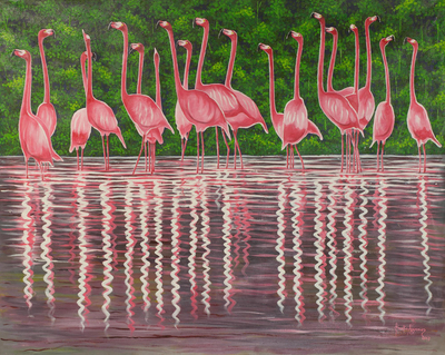 Original Acrylic Painting of Flamingos in Water