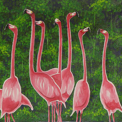 'Pink Reflections' (2017) - Original Acrylic Painting of Flamingos in Water