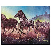 'Stampede at Sun' (2016) - Original Acrylic Painting of Wild Zebra Herd at Dawn