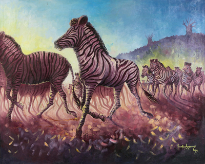 Original Acrylic Painting of Wild Zebra Herd at Dawn