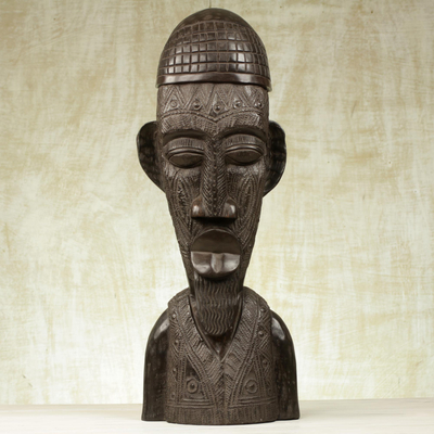 Wood sculpture, 'Shepherd' - Hand Crafted Wood and Aluminum Bust Sculpture