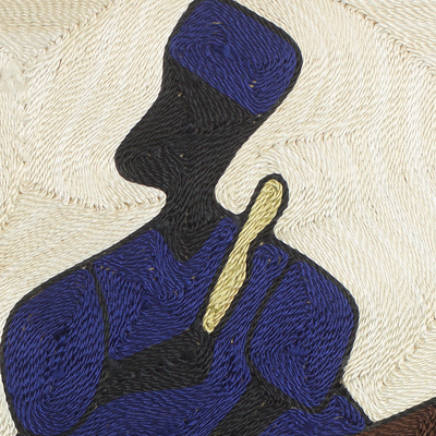 Wandkunst aus Seidenfaden – Handgefertigte Seidenwandkunst von zwei Musikern aus Ghana