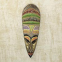 African wood mask, 'Beaded Mother' - African Sese Wood Mask with Intricate Multicolor Beading