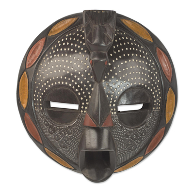 Circular African Wood and Aluminum Mask from Ghana