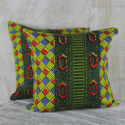 Cotton cushion covers, 'Ntoma' (pair) - 100% Cotton Multi-Colored Print Pair of Cushion Covers