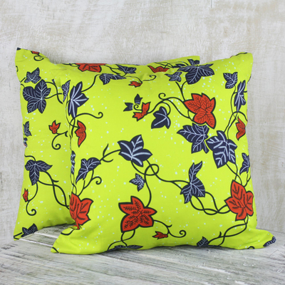 Cotton cushion covers, 'Bright and Sunny' (pair) - 100% Cotton Yellow Leaf Print Pair of Cushion Covers