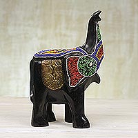 Glass beaded wood sculpture, 'Colorful Elephant' - Recycled Glass Beaded Wood Elephant Sculpture from Ghana
