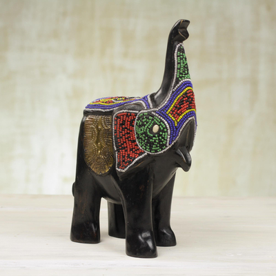 Glass beaded wood sculpture, 'Colorful Elephant' - Recycled Glass Beaded Wood Elephant Sculpture from Ghana