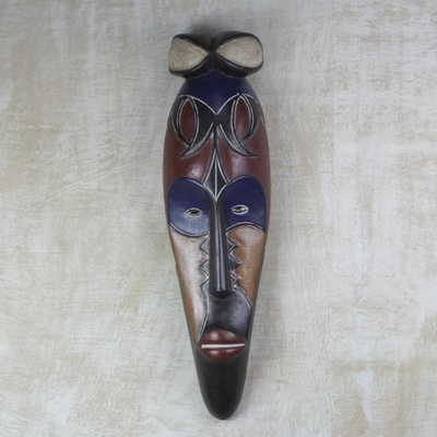 Afrikanische Holzmaske - Handgeschnitzte afrikanische Maske aus Sese-Holz in Dunkelbraun und Marineblau