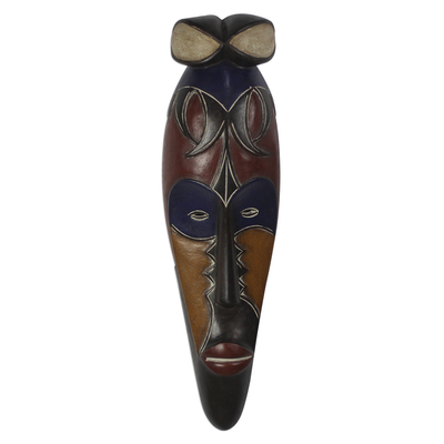 African wood mask, 'Serenity' - Hand-Carved Sese Wood African Mask in Dark Brown and Navy