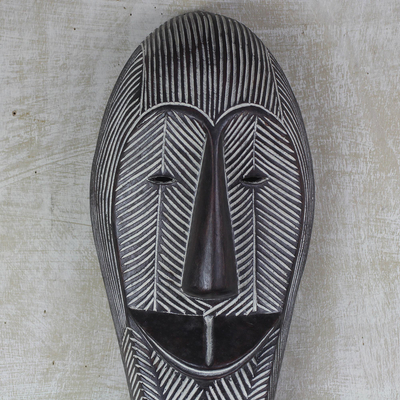 African wood mask, 'Happy Woman' - Hand-Carved Smiling Woman Sese Wood African Wall Mask