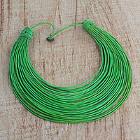 Leather statement necklace, 'Tumtumna' - Handmade Green Leather Strand Statement Necklace from Ghana