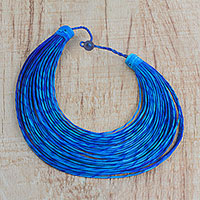 Leather statement necklace, 'Sugri' - Handmade Blue Leather Multi-Strand Statement Necklace